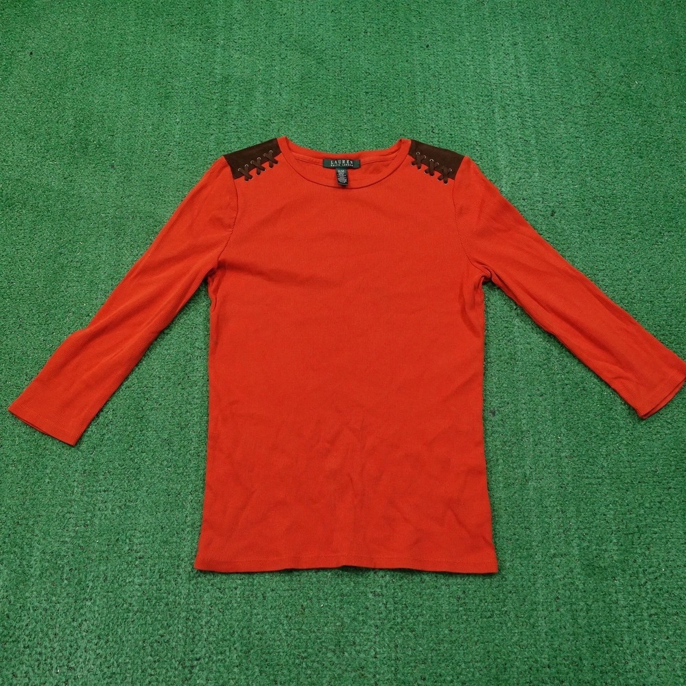 Lauren Ralph Lauren Shirt Womens Medium Suede Shoulder Trim 3/4 Sleeve Top‎ -V2